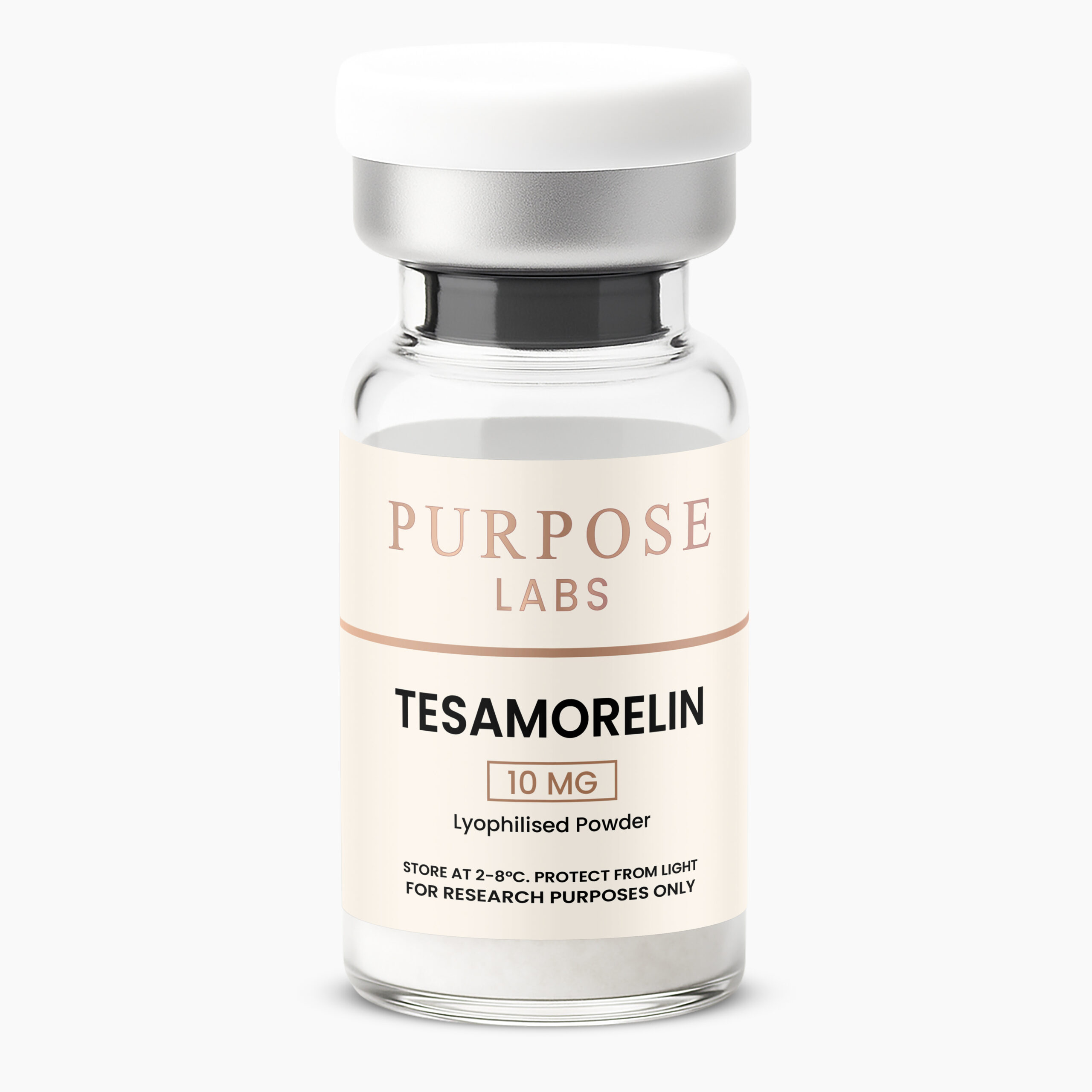 Tesamorelin 10mg stabilised GHRH research peptide vial – Purpose Labs Australia